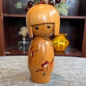 Stanley Wooden Kokeshi Doll with Floral Accents